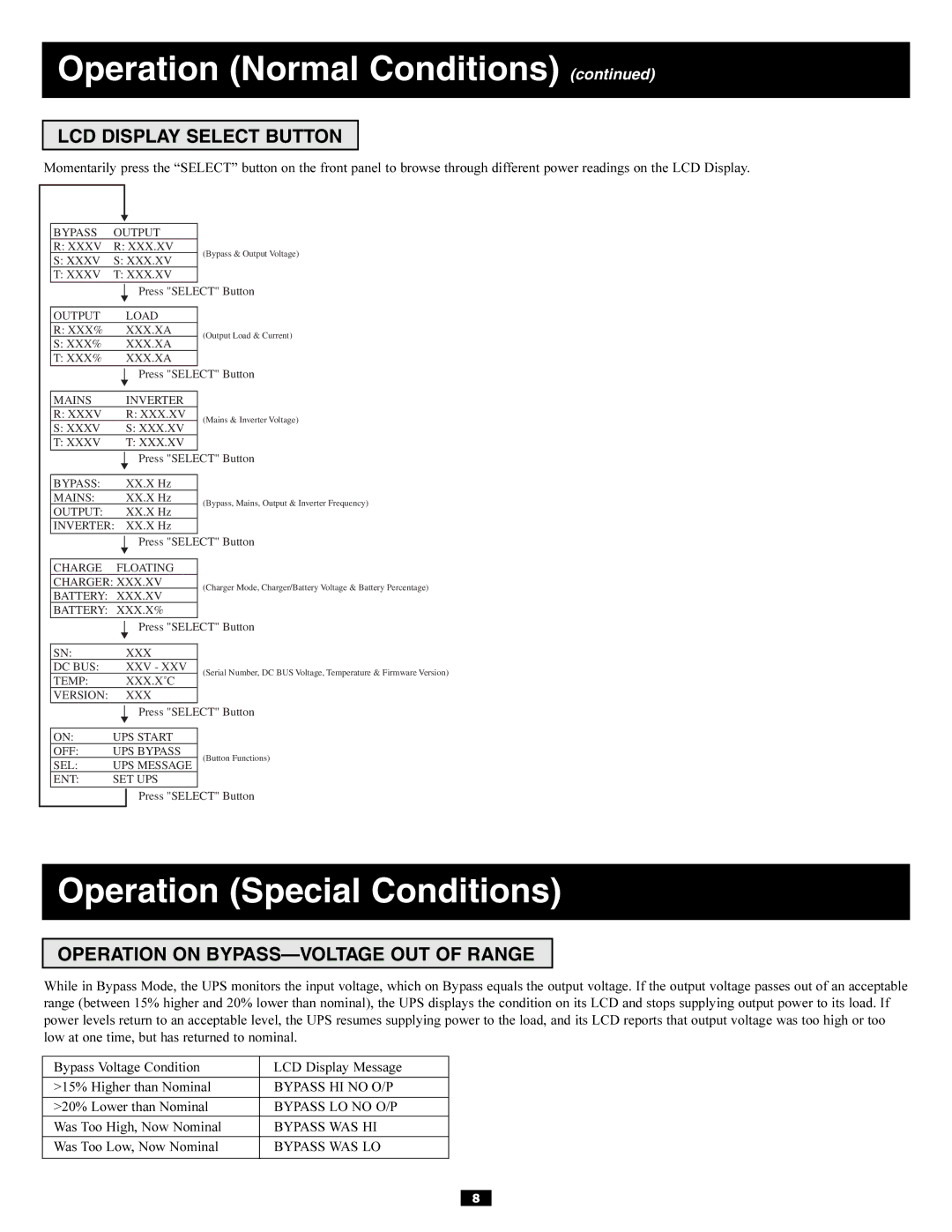 Tripp Lite 3-Phase 20kVA Operation Special Conditions, LCD Display Select Button, Operation on BYPASS-VOLTAGE OUT of Range 