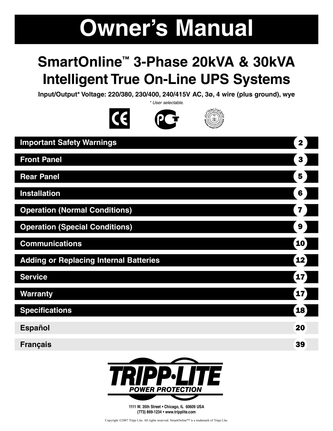Tripp Lite 3-Phase 30kVA owner manual Owner’s Manual, Español, Français 