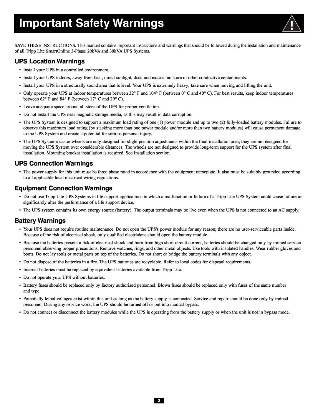 Tripp Lite 3-Phase 30kVA Important Safety Warnings, UPS Location Warnings, UPS Connection Warnings, Battery Warnings 