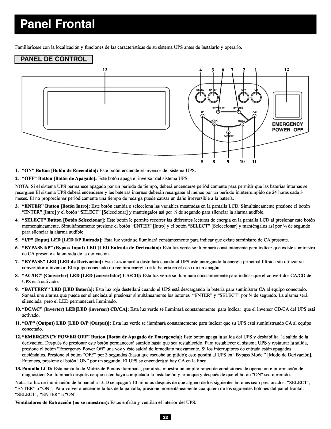 Tripp Lite 3-Phase 30kVA owner manual Panel Frontal, Panel De Control 