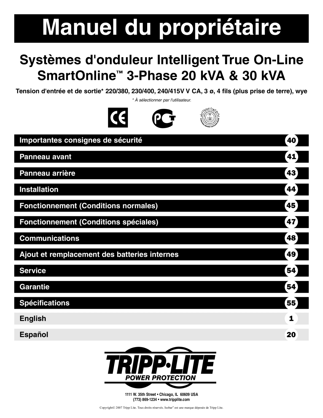Tripp Lite 3-Phase 30kVA owner manual Manuel du propriétaire, Systèmes donduleur Intelligent True On-Line, English, Español 