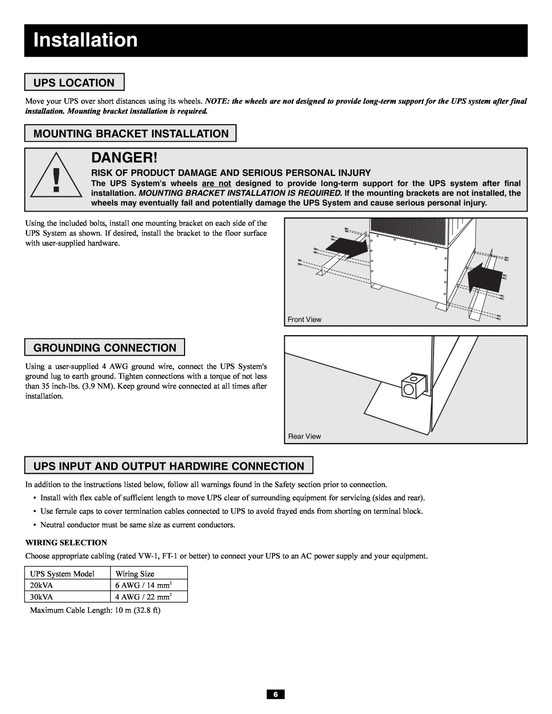 Tripp Lite 3-Phase 30kVA owner manual Danger, Ups Location, Mounting Bracket Installation, Grounding Connection 