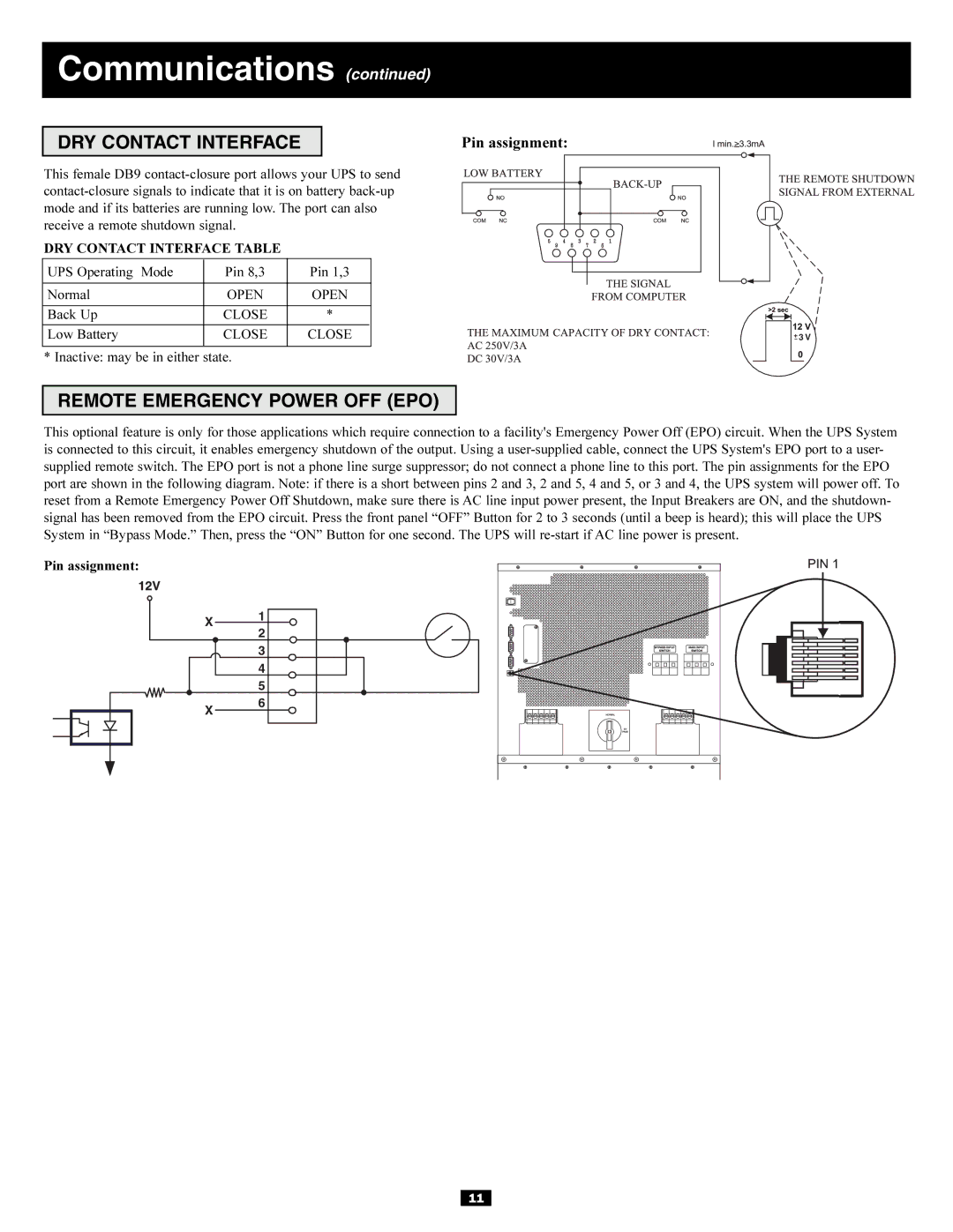 Tripp Lite 3-Phase 30kVA owner manual Remote Emergency Power OFF EPO, DRY Contact Interface Table, Open, Close 