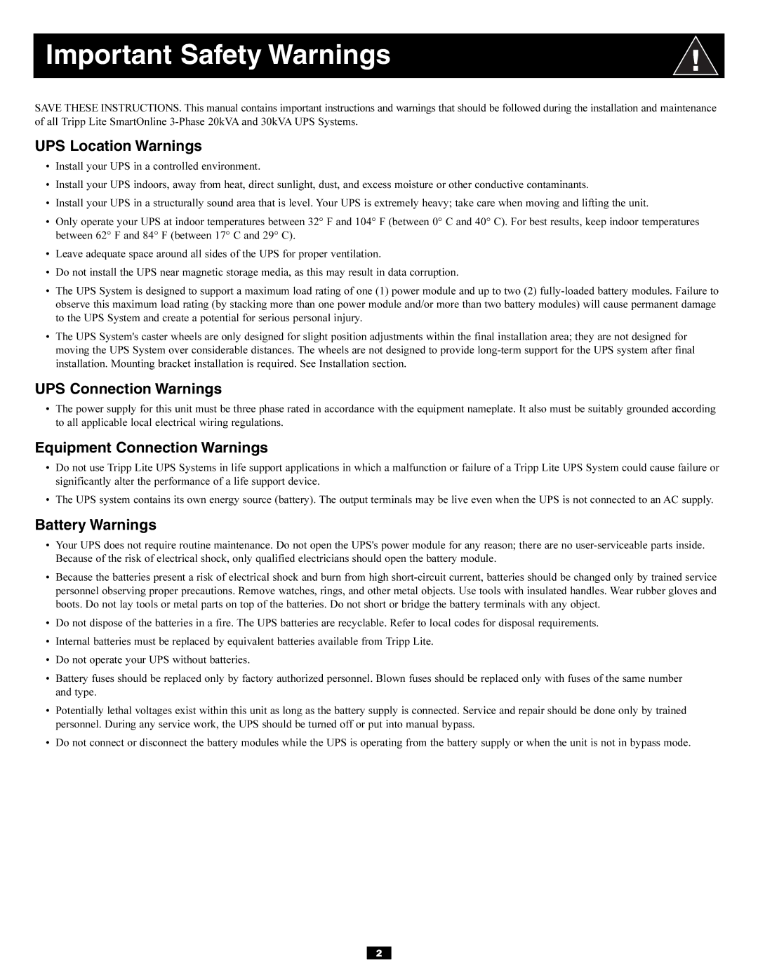 Tripp Lite 3-Phase 30kVA owner manual Important Safety Warnings, UPS Location Warnings 