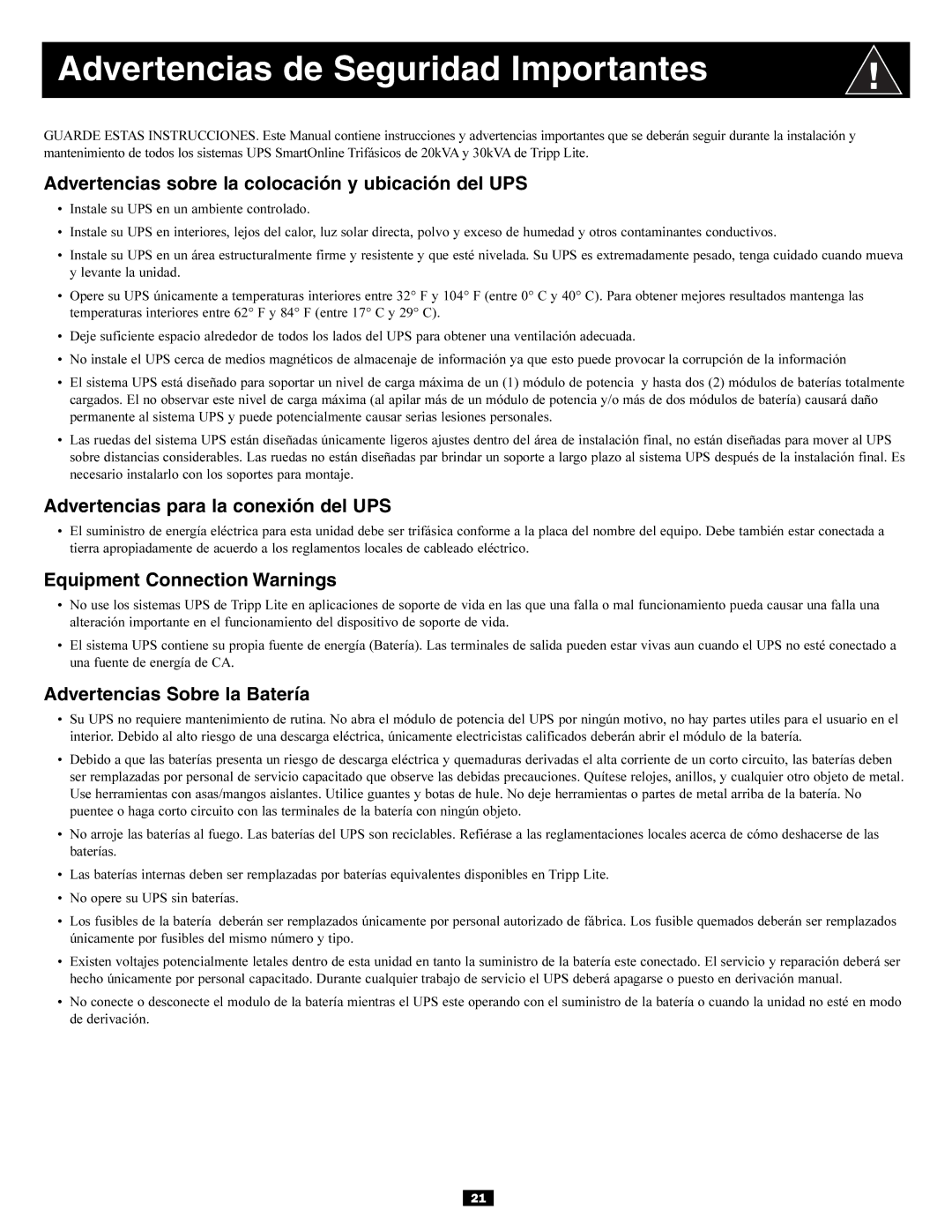 Tripp Lite 3-Phase 30kVA Advertencias de Seguridad Importantes, Advertencias sobre la colocación y ubicación del UPS 