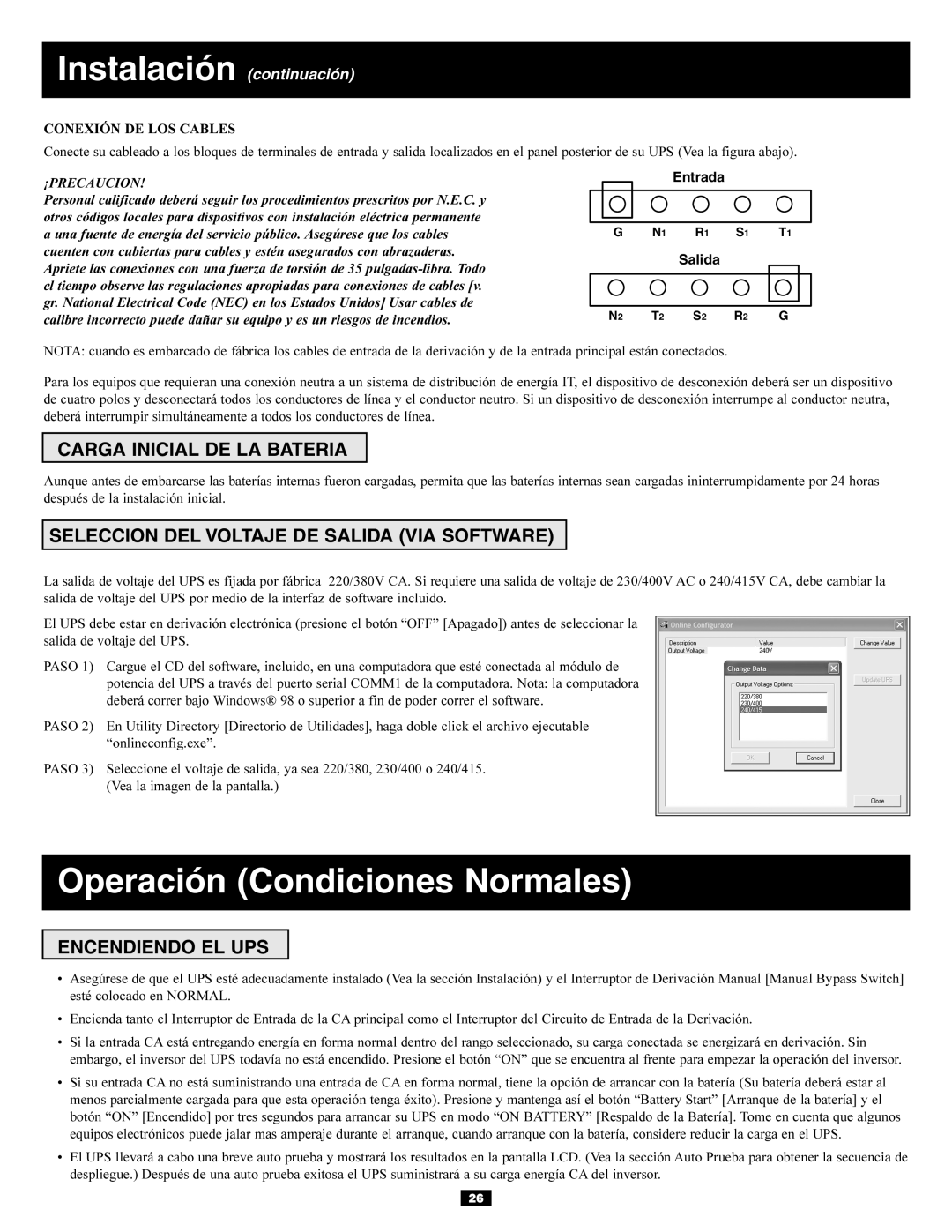 Tripp Lite 3-Phase 30kVA owner manual Operación Condiciones Normales, Carga Inicial DE LA Bateria, Encendiendo EL UPS 