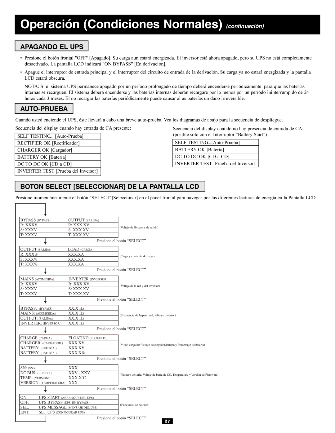 Tripp Lite 3-Phase 30kVA owner manual Operación Condiciones Normales continuación, Apagando EL UPS, Auto-Prueba 