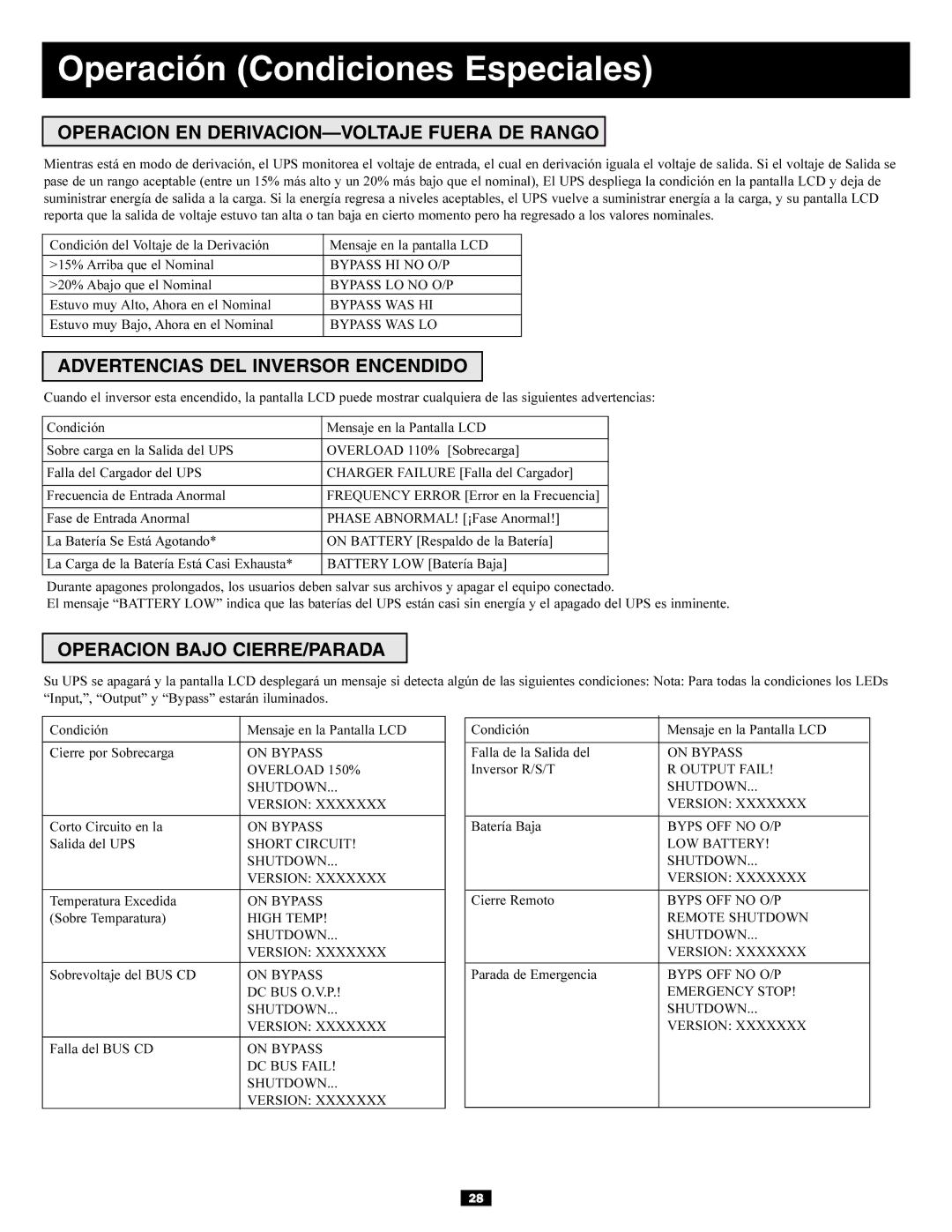 Tripp Lite 3-Phase 30kVA owner manual Operación Condiciones Especiales, Operacion EN DERIVACION-VOLTAJE Fuera DE Rango 