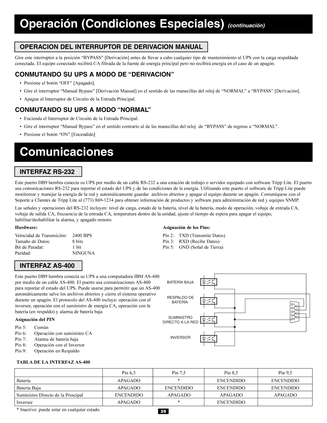 Tripp Lite 3-Phase 30kVA owner manual Operación Condiciones Especiales continuación, Comunicaciones 