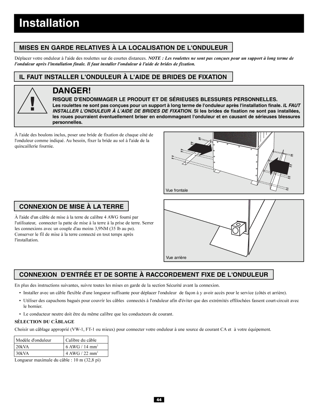 Tripp Lite 3-Phase 30kVA owner manual Mises EN Garde Relatives À LA Localisation DE Londuleur, Connexion DE Mise À LA Terre 