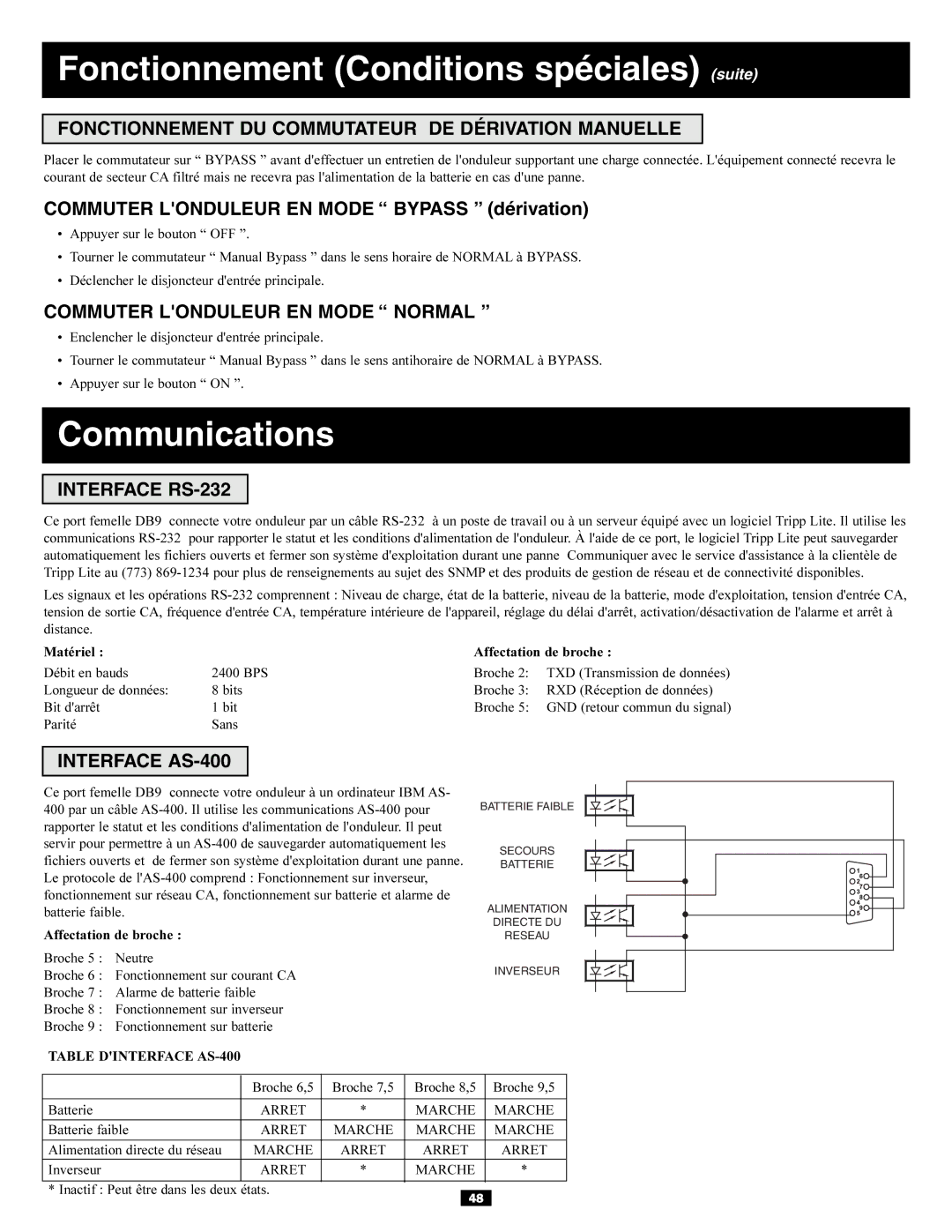 Tripp Lite 3-Phase 30kVA Fonctionnement Conditions spéciales suite, Fonctionnement DU Commutateur DE Dérivation Manuelle 