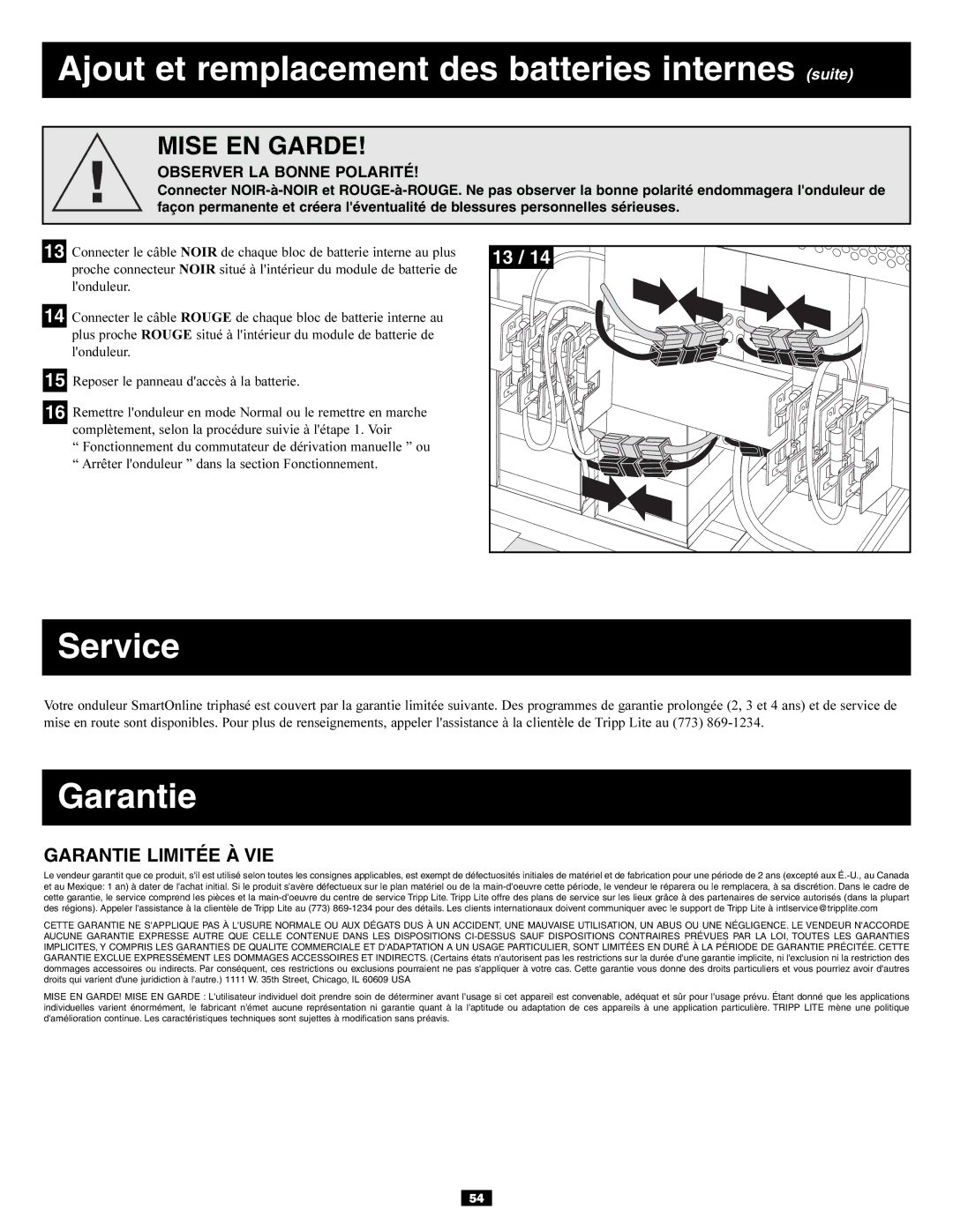 Tripp Lite 3-Phase 30kVA owner manual Garantie Limitée À VIE, Observer LA Bonne Polarité 