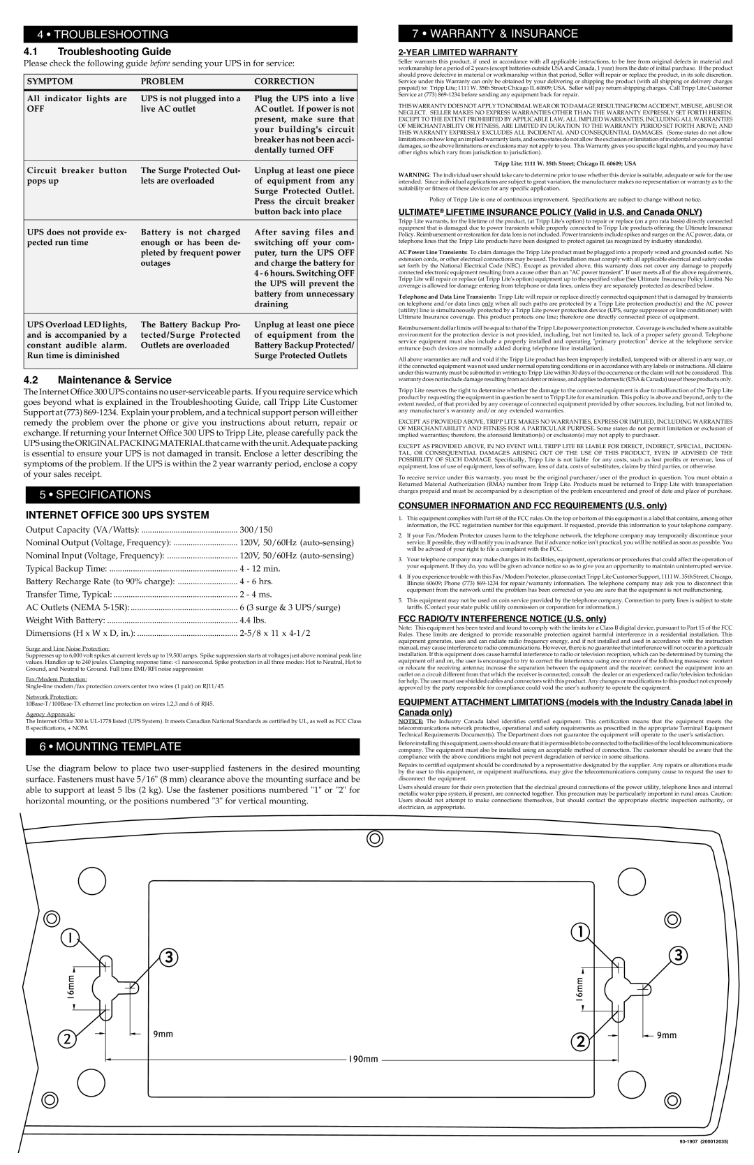 Tripp Lite 300 warranty Troubleshooting, Specifications, Mounting Template, Warranty & Insurance 