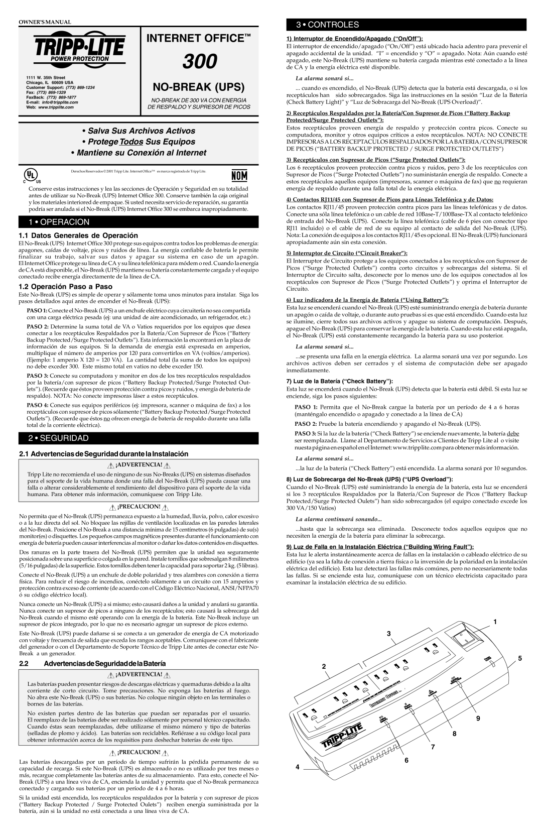 Tripp Lite 300 owner manual Operacion, Seguridad 