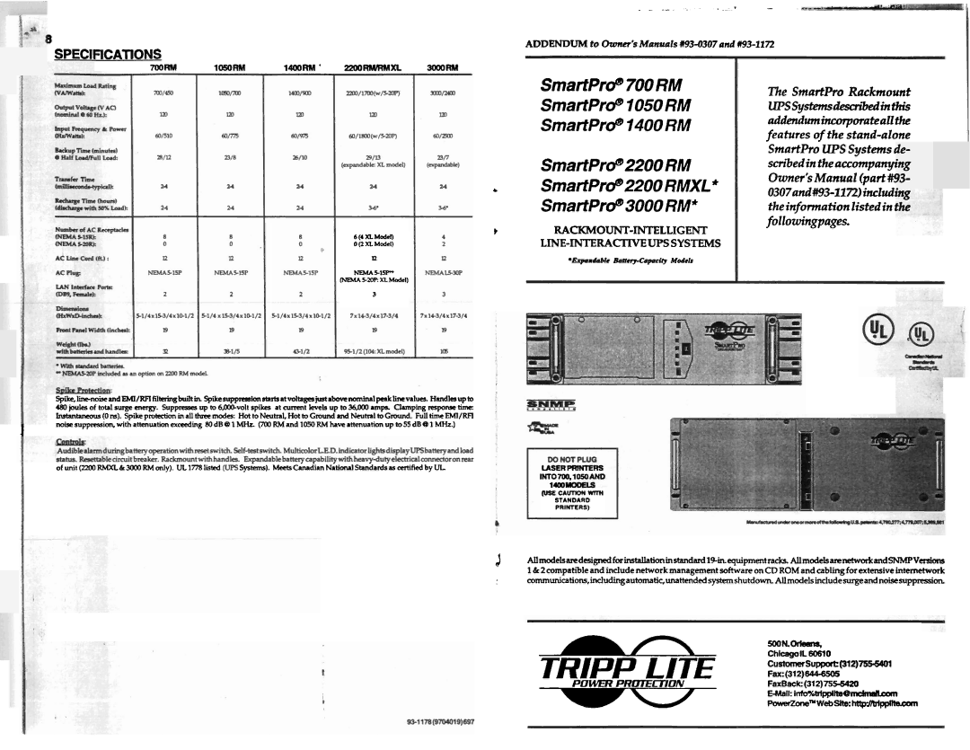 Tripp Lite 3000RM, 1400RM, 1050RM, 2200RMXL specifications Tripp Lite 