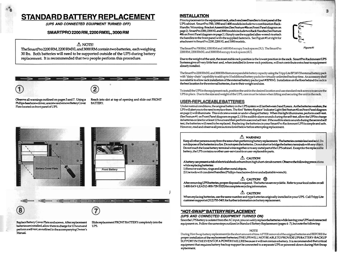Tripp Lite 1050RM Standard Batery Replacement, SMARTPRO2200RM,2200RMXC,3000 RM, Installation, HOT-SWAPBATlERYREPLACEMENT 