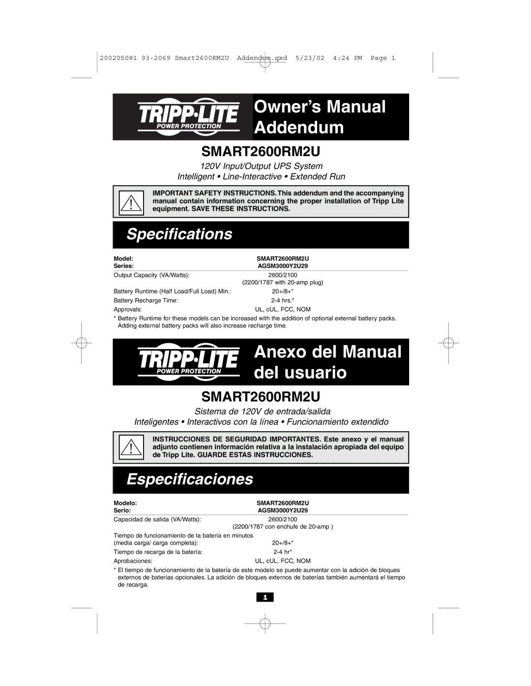 Tripp Lite 3000VA owner manual Addendum, Anexo del Manual del usuario, Specifications, Especificaciones 