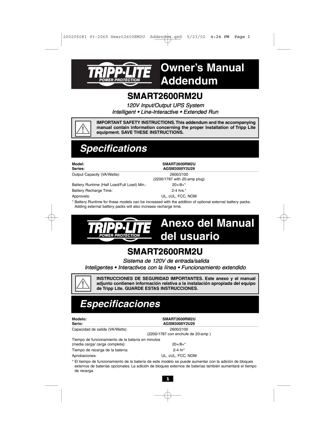 Tripp Lite 3000VA owner manual Specifications, Especificaciones, SMART2600RM2U, 120V Input/Output UPS System 