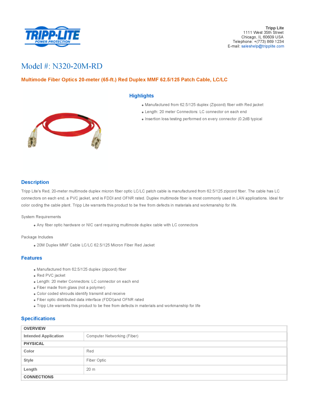 Tripp Lite specifications Model # N320-20M-RD, Highlights, Description, Features, Specifications 