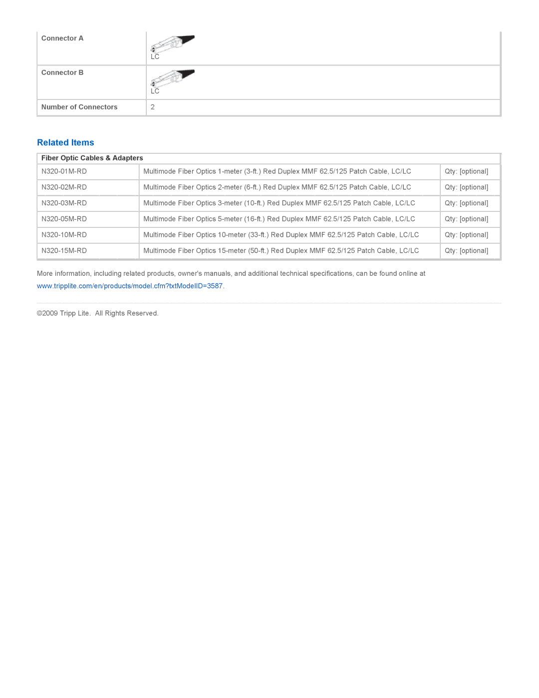 Tripp Lite 320-20M-RD specifications Related Items, Fiber Optic Cables & Adapters 