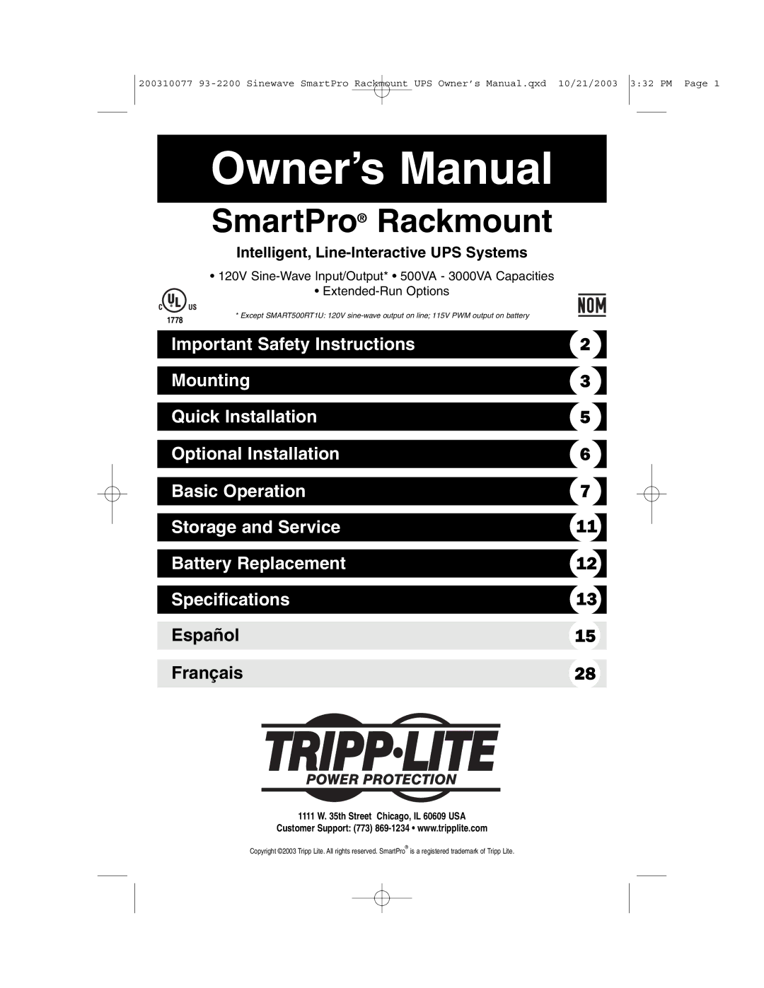 Tripp Lite 525, 350 owner manual SmartPro Rackmount, Intelligent, Line-Interactive UPS Systems 