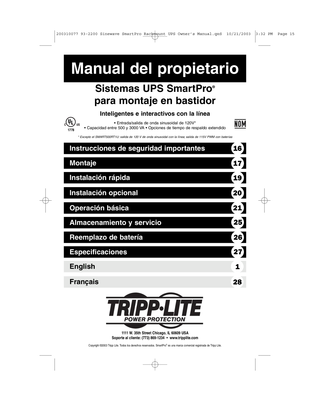 Tripp Lite 350, 525 owner manual Manual del propietario, Inteligentes e interactivos con la línea 