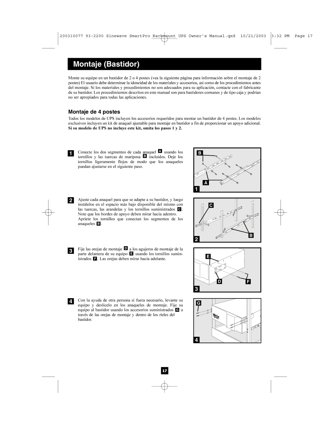Tripp Lite 350, 525 owner manual Montaje Bastidor, Montaje de 4 postes 