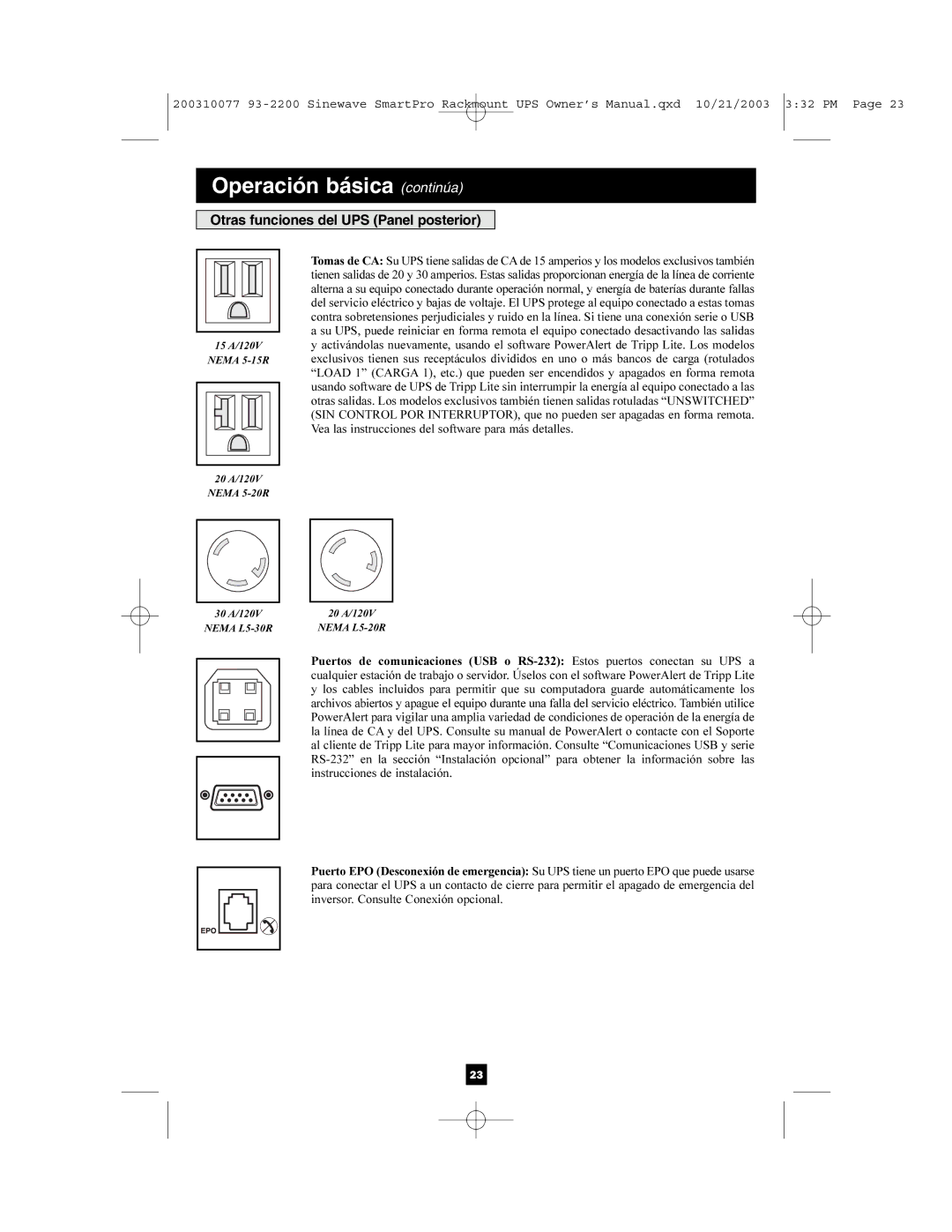 Tripp Lite 350, 525 owner manual Otras funciones del UPS Panel posterior 