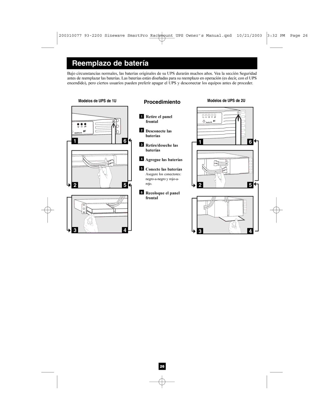 Tripp Lite 525, 350 owner manual Reemplazo de batería, Procedimiento 