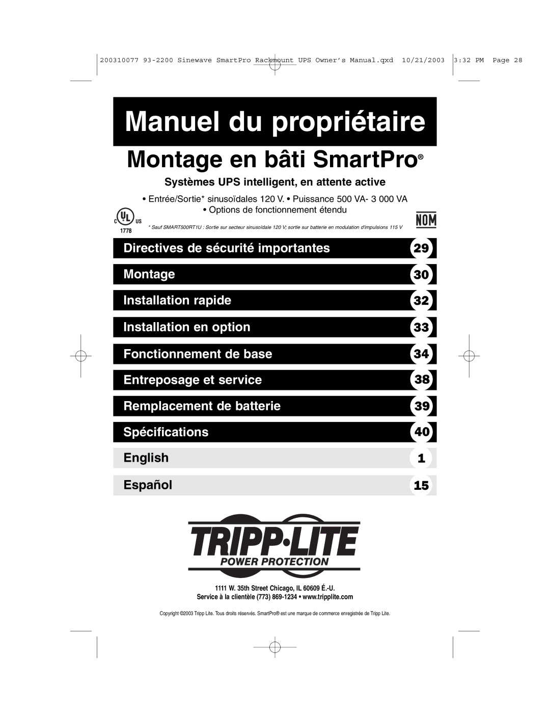 Tripp Lite 525, 350 owner manual Manuel du propriétaire, Systèmes UPS intelligent, en attente active 