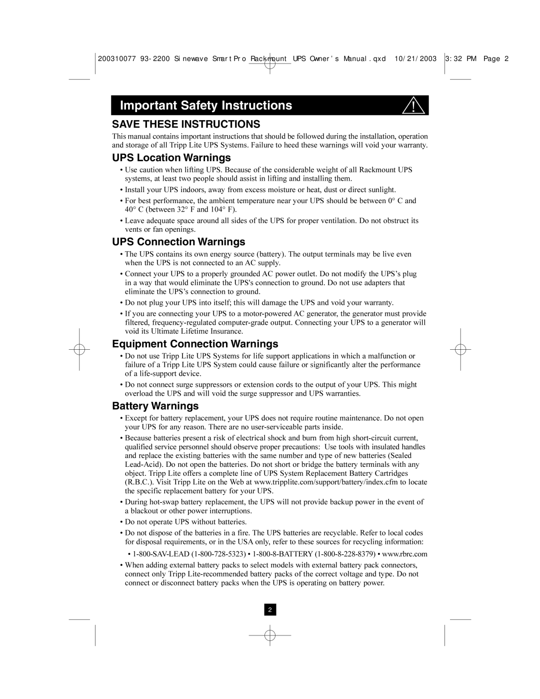 Tripp Lite 525, 350 Important Safety Instructions, UPS Location Warnings, UPS Connection Warnings, Battery Warnings 