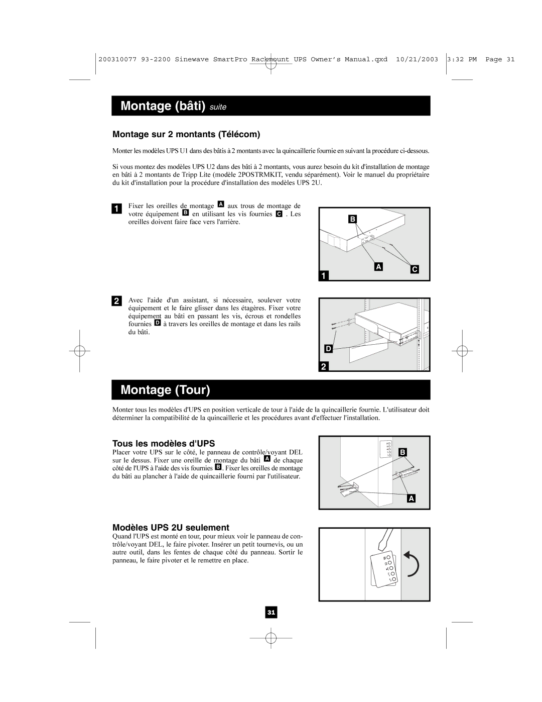 Tripp Lite 350, 525 owner manual Montage bâti suite, Montage Tour, Montage sur 2 montants Télécom, Tous les modèles dUPS 