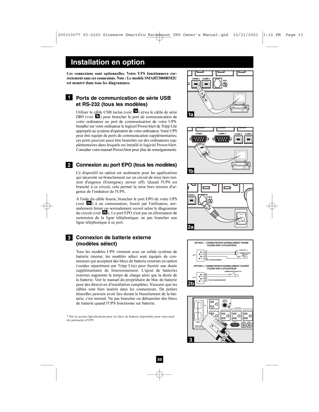 Tripp Lite 350, 525 owner manual Connexion au port EPO tous les modèles, Connexion de batterie externe modèles sélect 