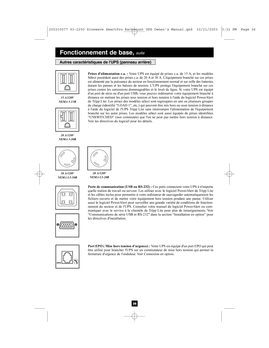 Tripp Lite 525, 350 owner manual Autres caractéristiques de lUPS panneau arrière 