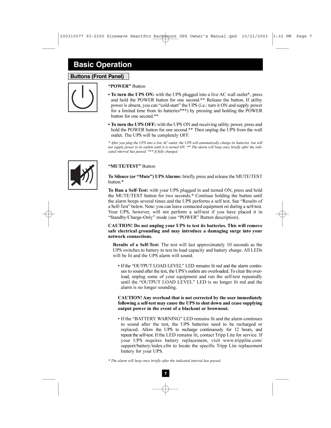 Tripp Lite 350, 525 owner manual Basic Operation, Buttons Front Panel 