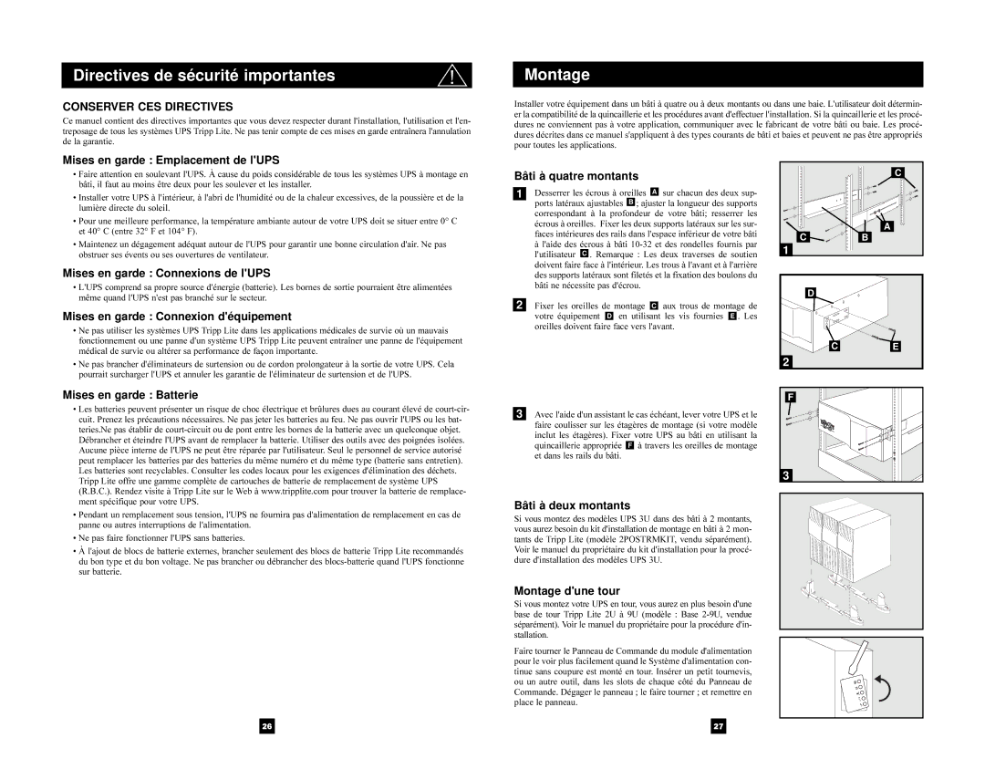 Tripp Lite 3U Rackmount owner manual Directives de sécurité importantes, Conserver CES Directives 