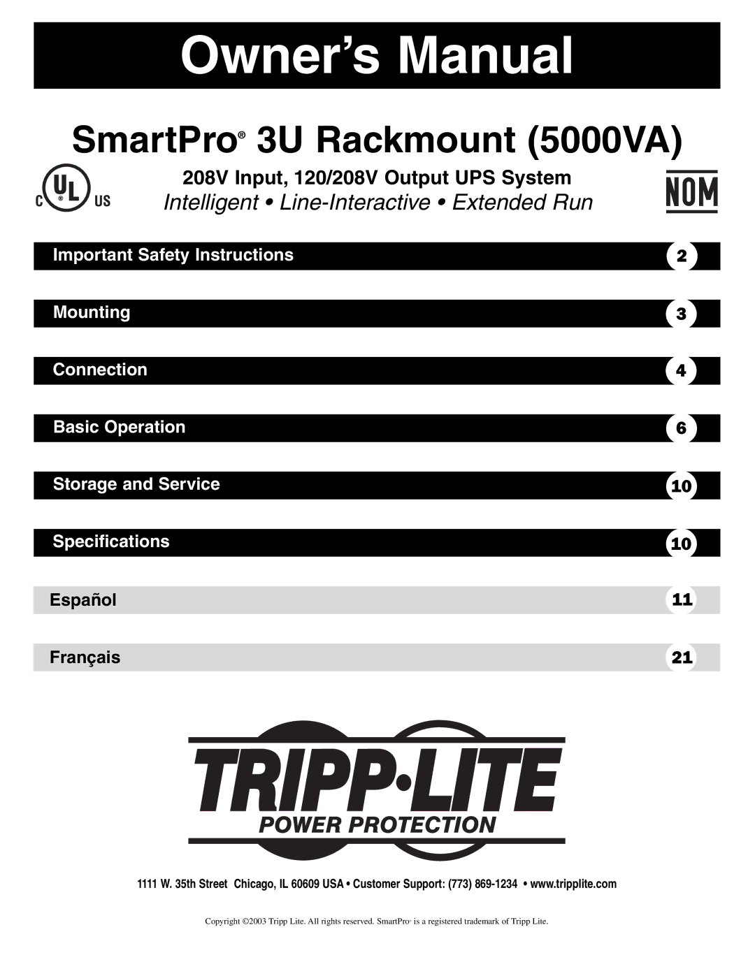 Tripp Lite owner manual SmartPro 3U Rackmount 5000VA 