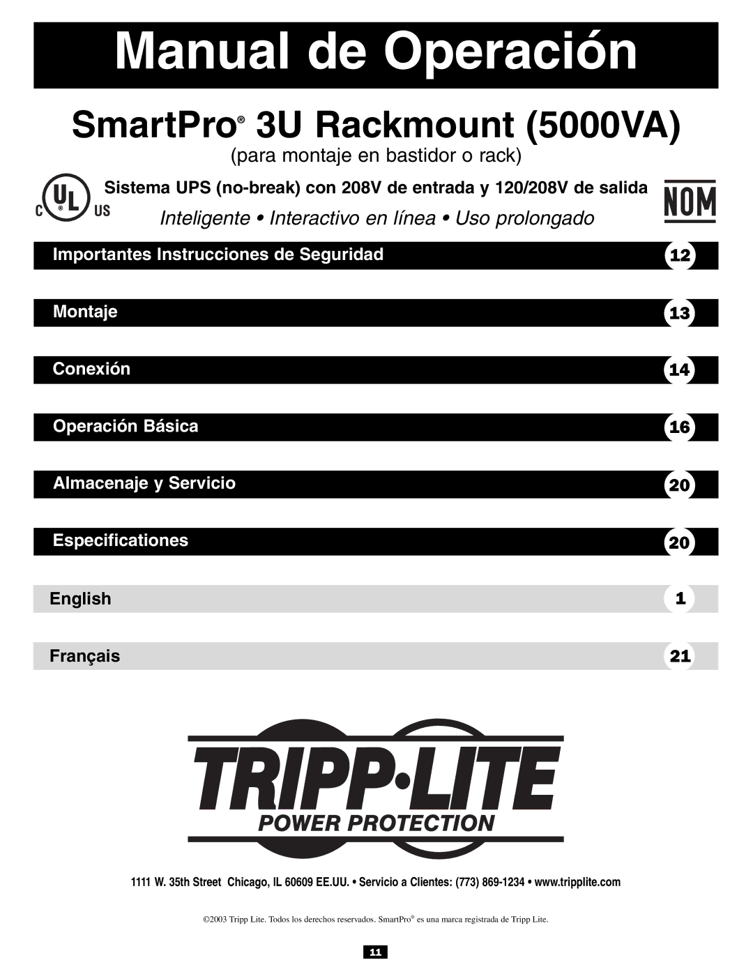 Tripp Lite 3U owner manual Manual de Operación 