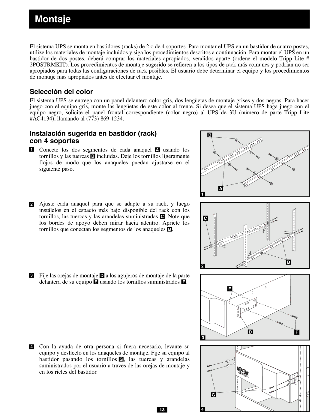 Tripp Lite 3U owner manual Montaje, Selección del color, Instalación sugerida en bastidor rack con 4 soportes 