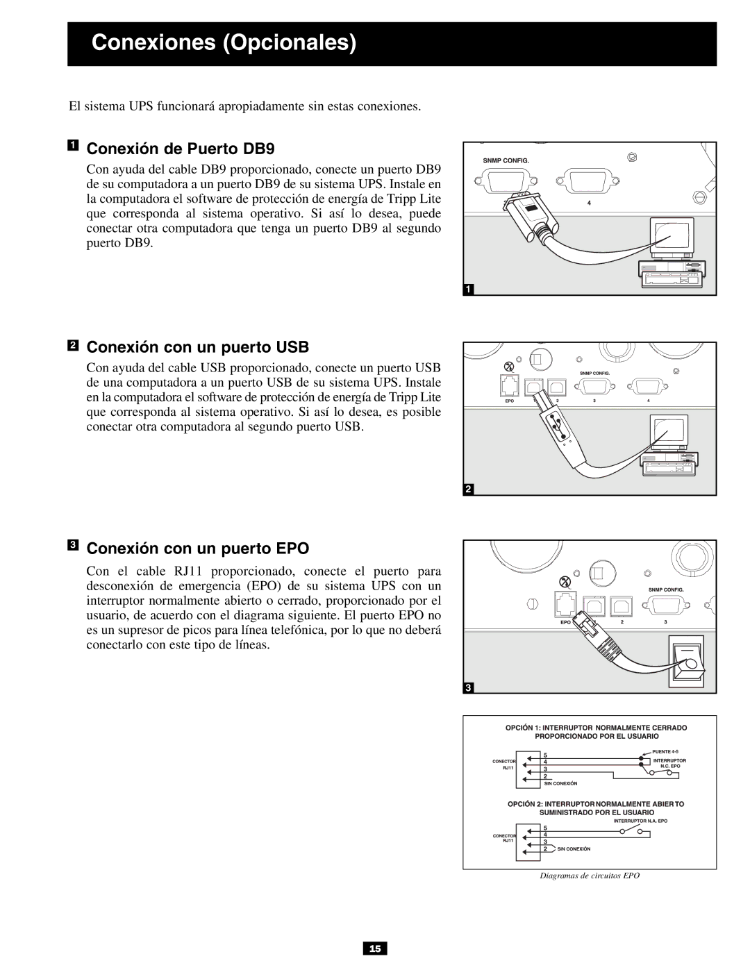 Tripp Lite 3U Conexiones Opcionales, Conexión de Puerto DB9, Conexión con un puerto USB, Conexión con un puerto EPO 