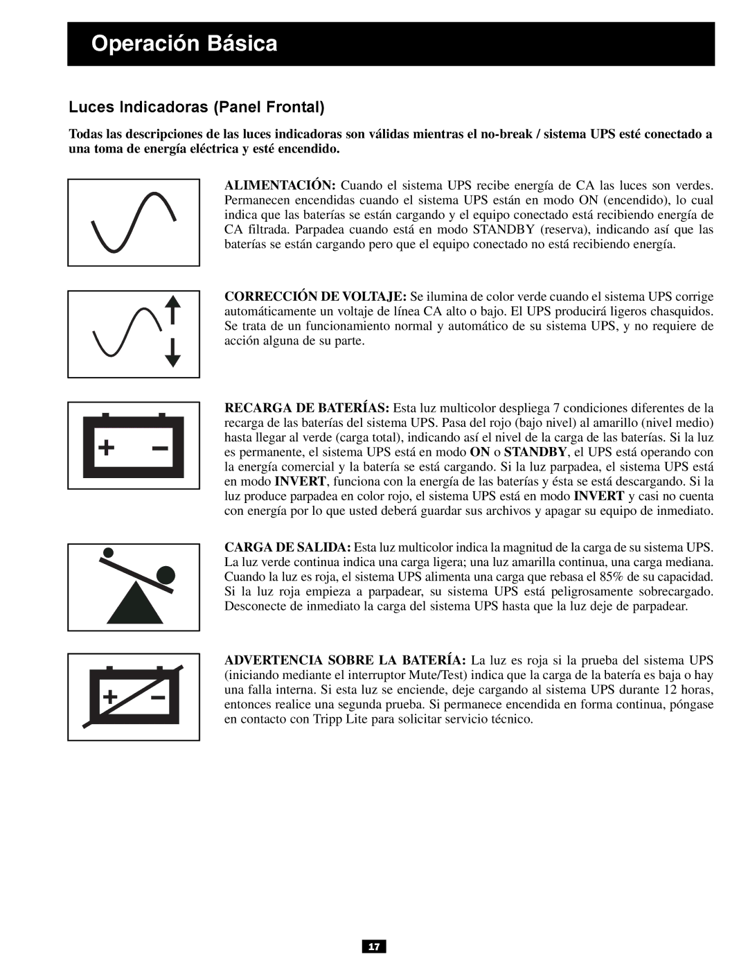 Tripp Lite 3U owner manual Luces Indicadoras Panel Frontal 