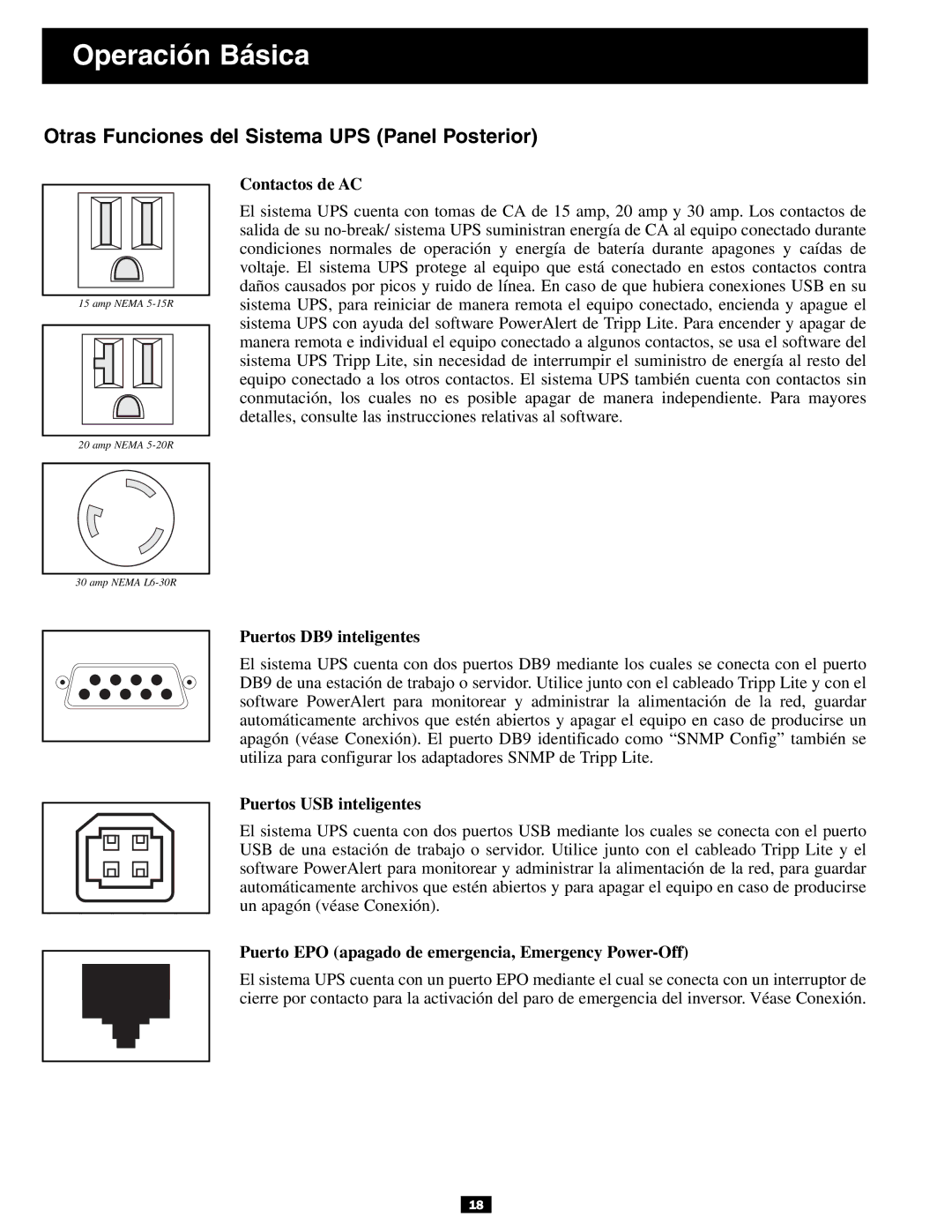 Tripp Lite 3U owner manual Otras Funciones del Sistema UPS Panel Posterior, Contactos de AC, Puertos DB9 inteligentes 