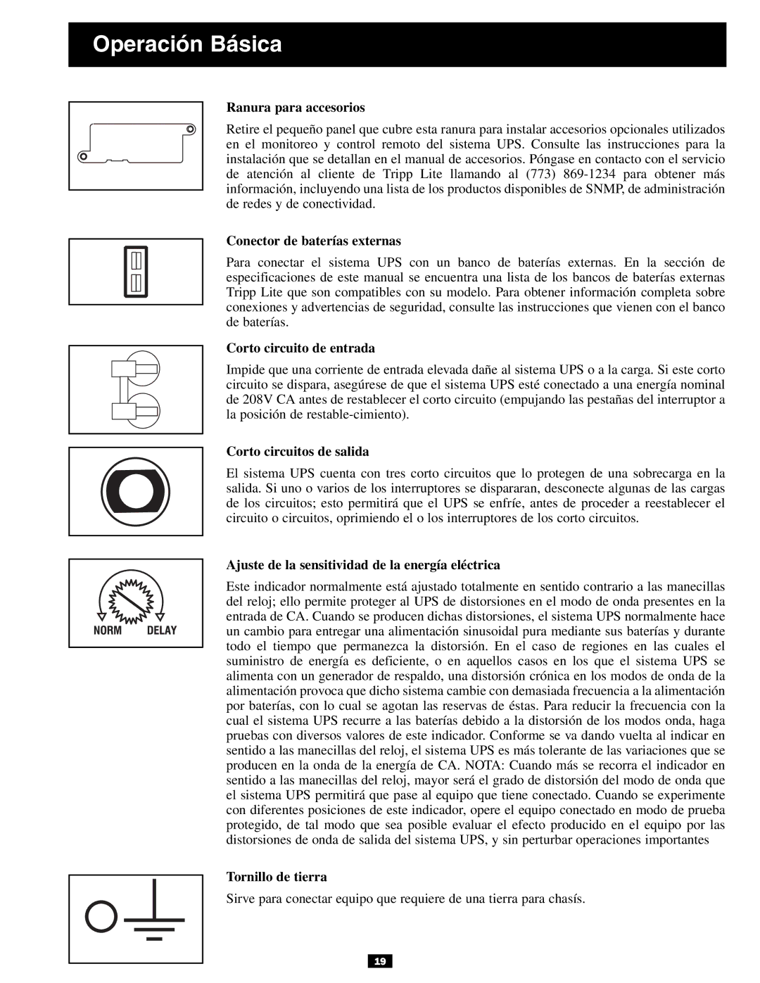 Tripp Lite 3U Ranura para accesorios, Conector de baterías externas, Corto circuito de entrada, Corto circuitos de salida 