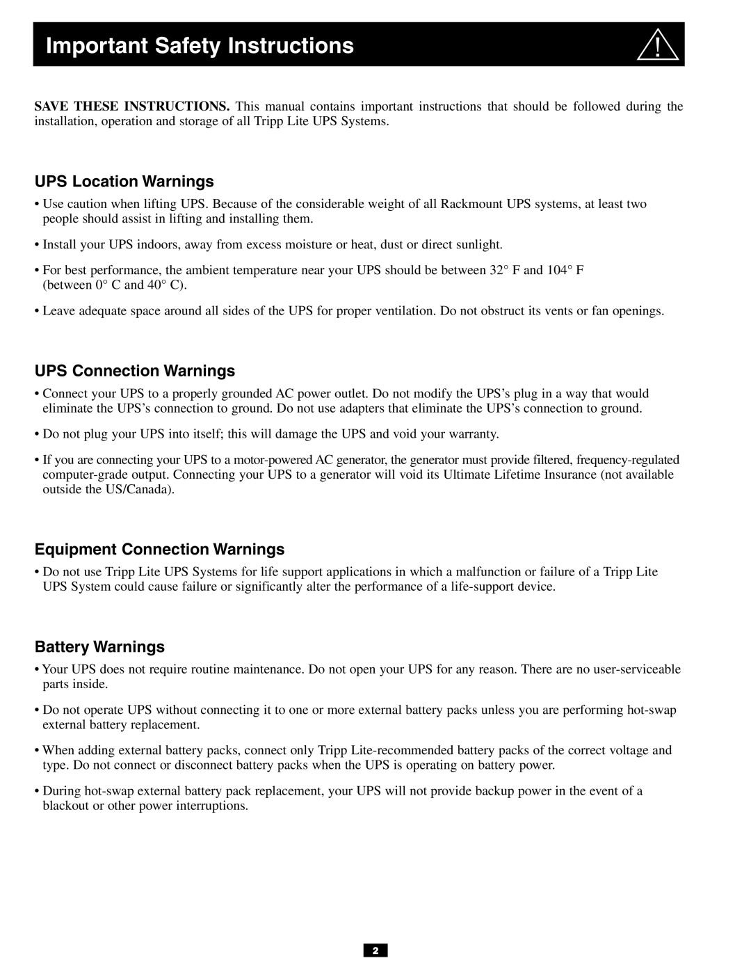 Tripp Lite 3U Important Safety Instructions, UPS Location Warnings, UPS Connection Warnings, Equipment Connection Warnings 