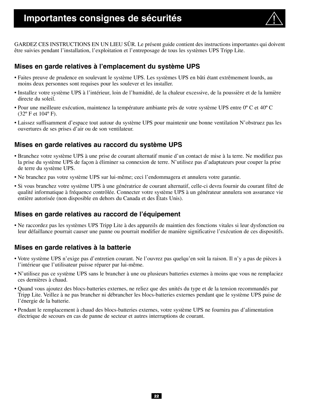 Tripp Lite 3U owner manual Importantes consignes de sécurités, Mises en garde relatives à l’emplacement du système UPS 