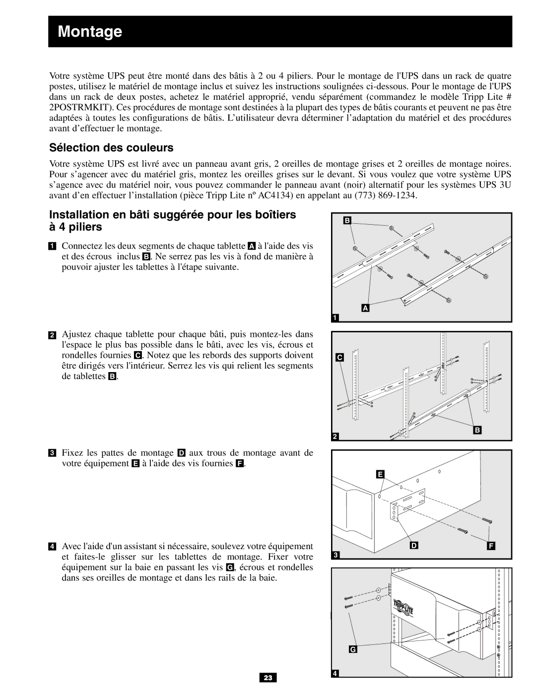 Tripp Lite 3U owner manual Montage, Sélection des couleurs, Installation en bâti suggérée pour les boîtiers à 4 piliers 