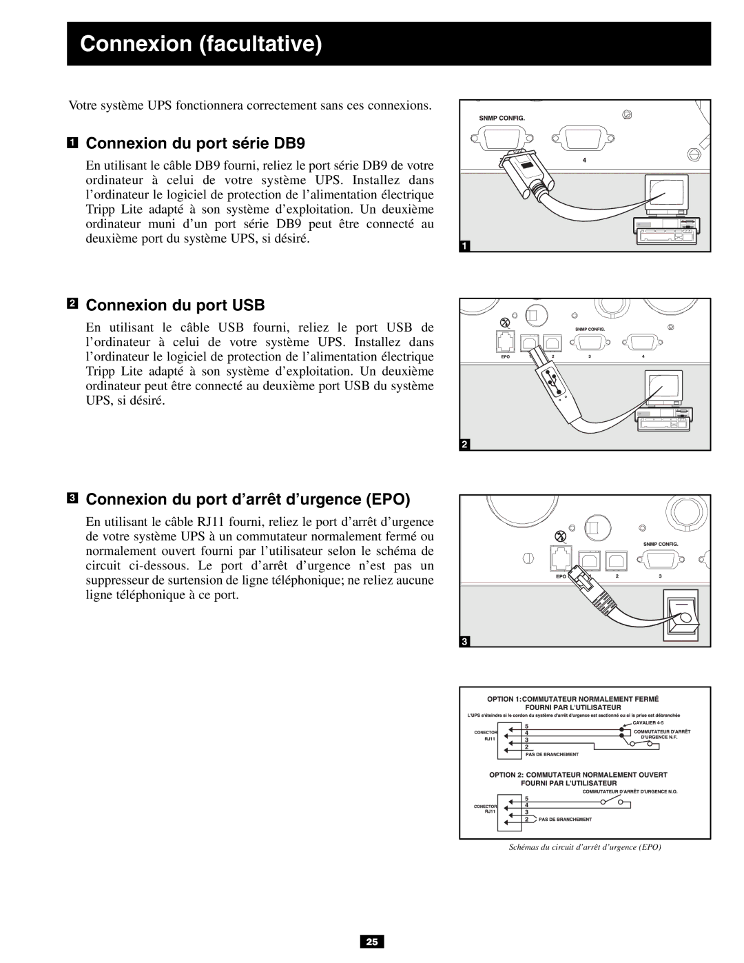 Tripp Lite 3U owner manual Connexion facultative, Connexion du port série DB9, Connexion du port USB 