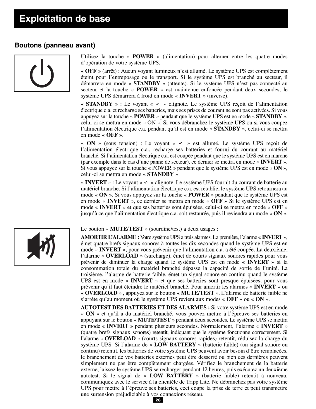 Tripp Lite 3U owner manual Exploitation de base, Boutons panneau avant 