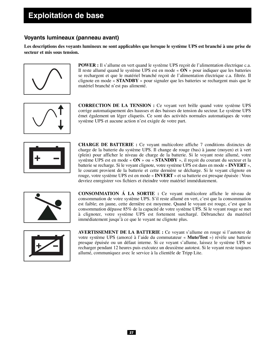 Tripp Lite 3U owner manual Voyants lumineaux panneau avant 