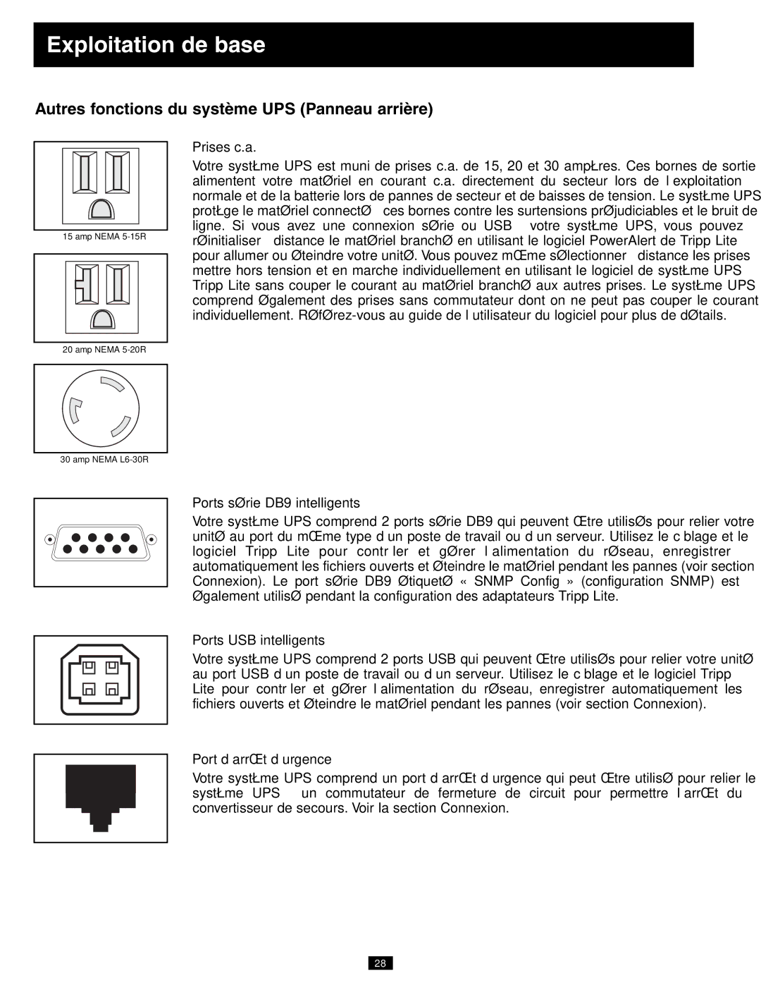 Tripp Lite 3U owner manual Autres fonctions du système UPS Panneau arrière, Prises c.a, Ports série DB9 intelligents 